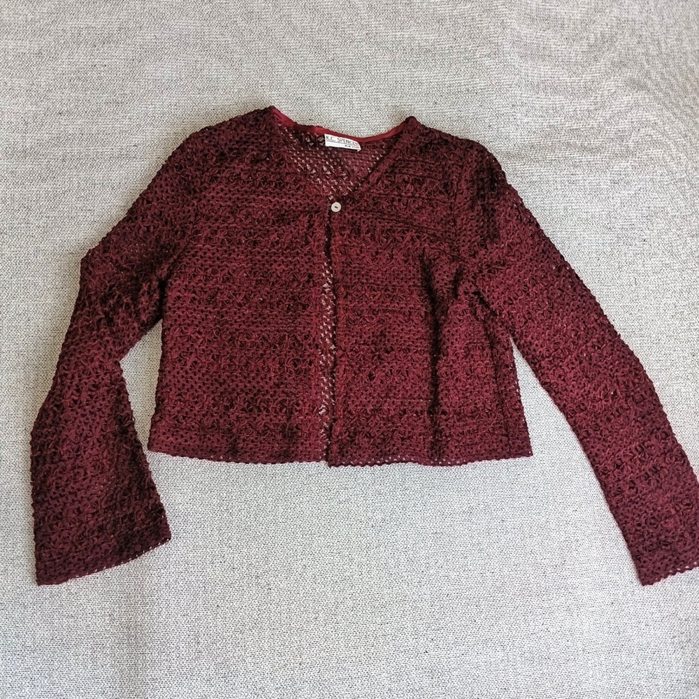 K.C. Spencer Crochet Cardigan Womens M Burgundy Excellent Open Knit Flare Sleeve